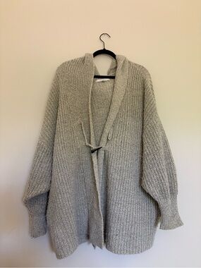 Dreamers Light Gray Hooded Open-Front Ribbed Cardigan